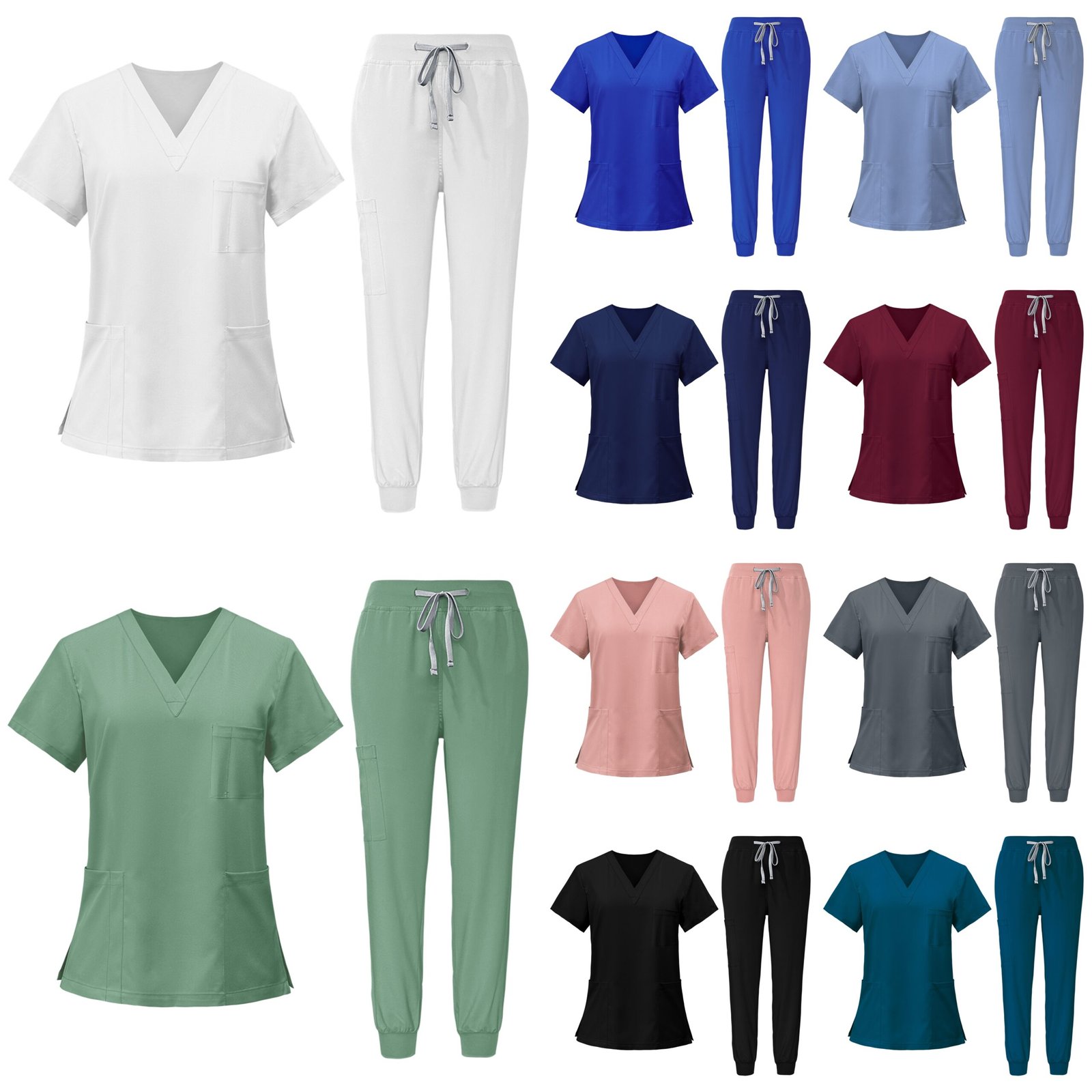 Classic V-Neck Top & Jogger Scrub Pants Set – Available in Multiple Colors