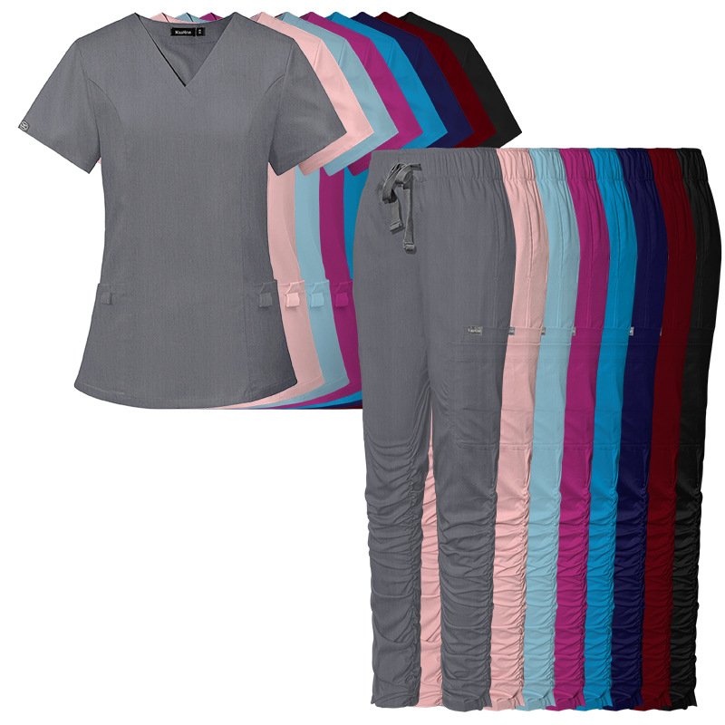 Ruched Scrub Set – V-Neck Top with Stylish Side-Gathered Pants