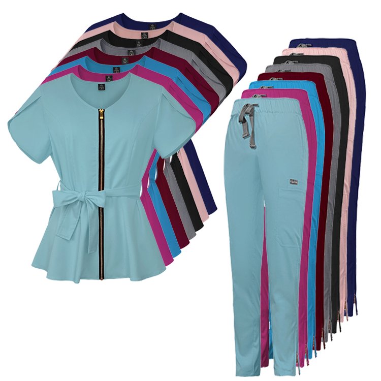 Elegant Feminine Medical Scrub Set with Front Zipper & Waist Tie – Multiple Colors